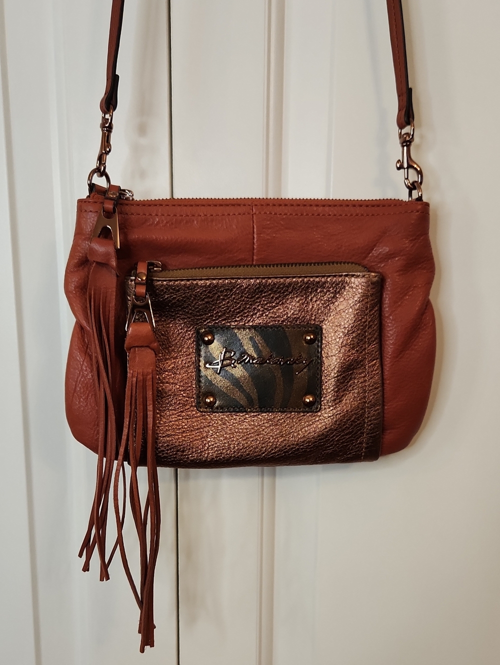 B. Makowsky Soft Leather Crossbody Bag Copper Red Metallic Fringe Tassel Purse